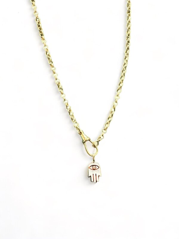 YOLA JAHSHAN White Enamel "Kaf" Hand Pendant with White Diamond and Yellow Gold Necklace