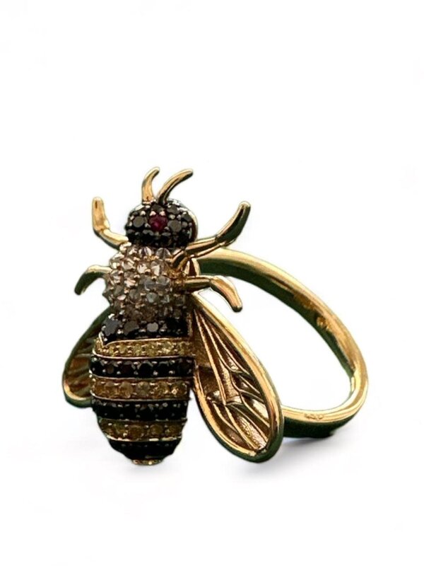 JOHN NAJARIAN Black, Yellow and White Diamond Yellow Sapphire and Ruby Bee Ring