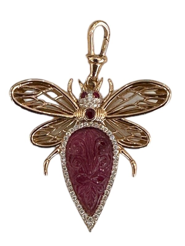 JOHN NAJARIAN Carved Tourmaline, Ruby and White Diamond Pave Dragonfly Pendant