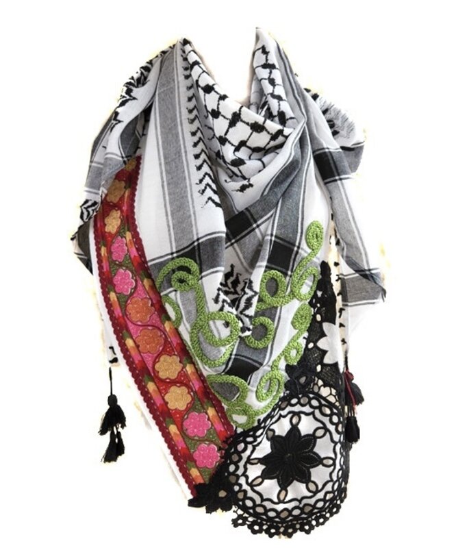 OLA'S GARDEN koffiyeh scarf with Multi-colored lace & Palestinian Embroidery