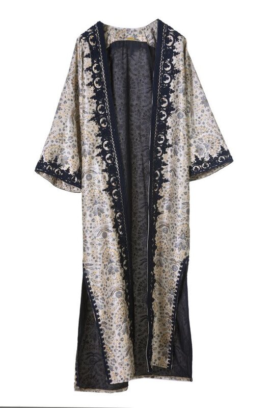 THE VIRGOO Black Open Abaya with Beige and White Embroidery