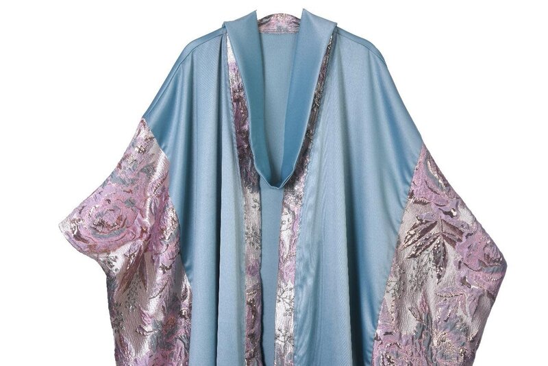 FADIA MASHAAL Satin Blue Bisht with Floral Lilac Sleeves