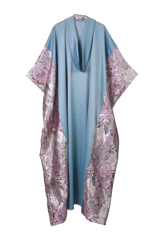 FADIA MASHAAL Satin Blue Bisht with Floral Lilac Sleeves