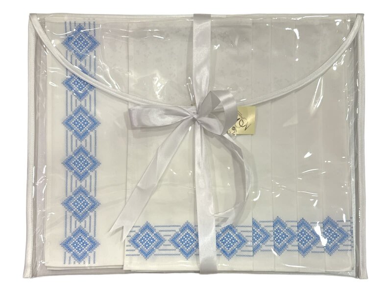 MIX & MATCH HANDICRAFTS Table linen set of 6 with Blue cross stitch embroidery (placemats, napkins and cutlery envelops)