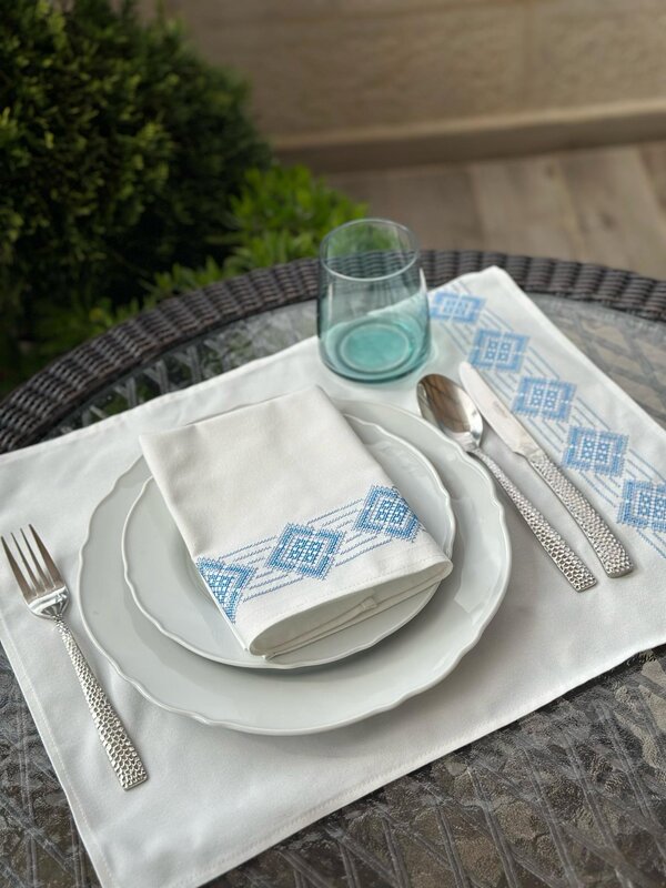 MIX & MATCH HANDICRAFTS Table linen set of 6 with Blue cross stitch embroidery (placemats, napkins and cutlery envelops)