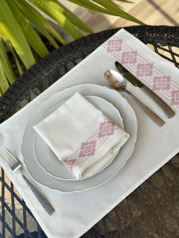 MIX & MATCH HANDICRAFTS Table linen set of 6 with Pink cross stitch embroidery (placemats, napkins and cutlery envelops)