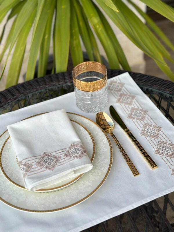 MIX & MATCH HANDICRAFTS Table linen set of 6 with Gold cross stitch embroidery (placemats, napkins and cutlery envelops)