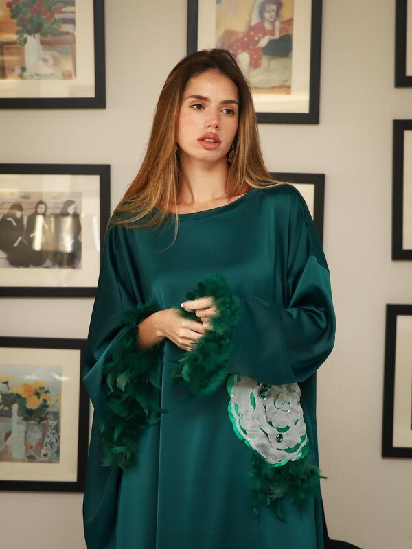 QOUTBA Emerald Green Satin Kaftan with rhinestones & feather details