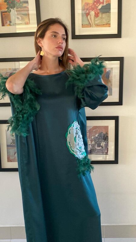 QOUTBA Emerald Green Satin Kaftan with rhinestones & feather details