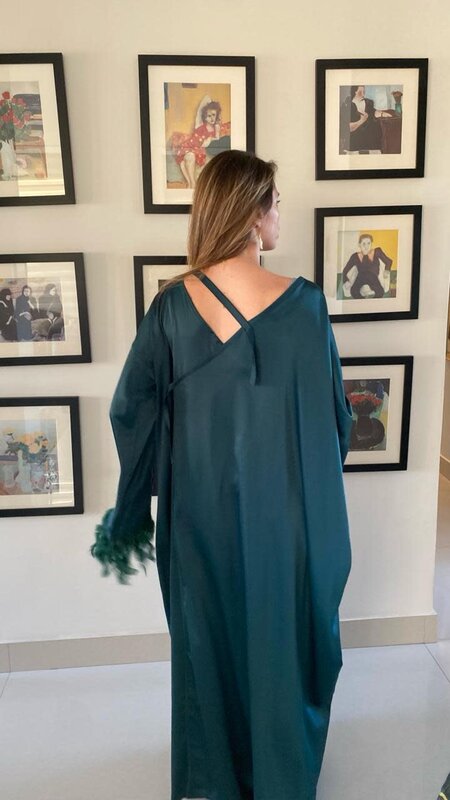 QOUTBA Emerald Green Satin Kaftan with rhinestones & feather details