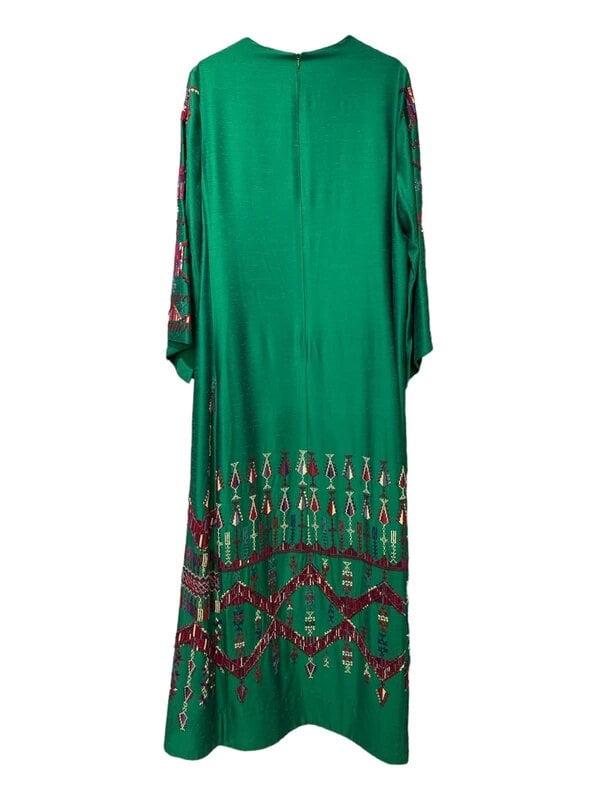 EMAN ALAHMAD Emerald Green Italian Silk Thoub with Multicolored Hand Embroidery