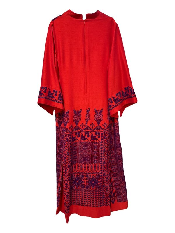 EMAN ALAHMAD Red Italian Silk Thoub with Purple Hand Embroidery