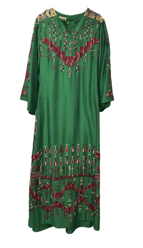 EMAN ALAHMAD Emerald Green Italian Silk Thoub with Multicolored Hand Embroidery