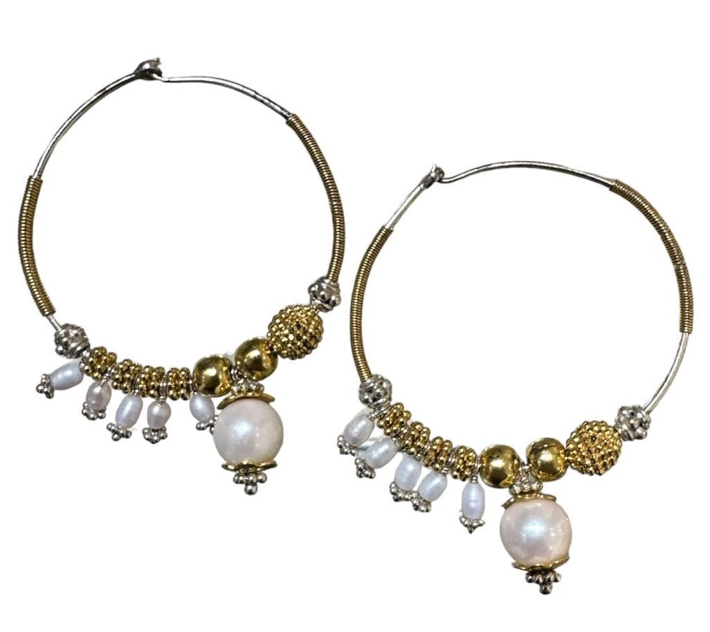 BY RAFAH Silver Gold Plated Hoops with Pearl Stones