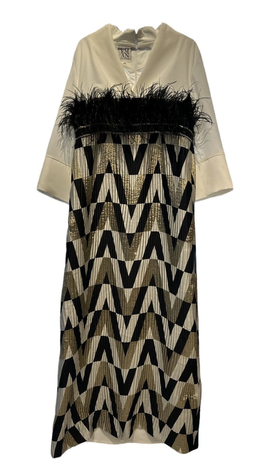 EMAN ALAHMAD White abaya with feathers and geometric detailing