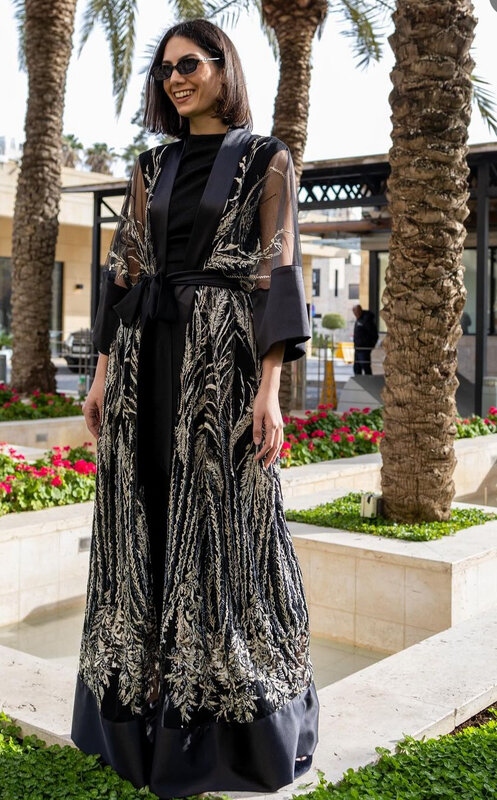 FADIA MASHAAL Black Abaya with Mesh Design and Silver Details