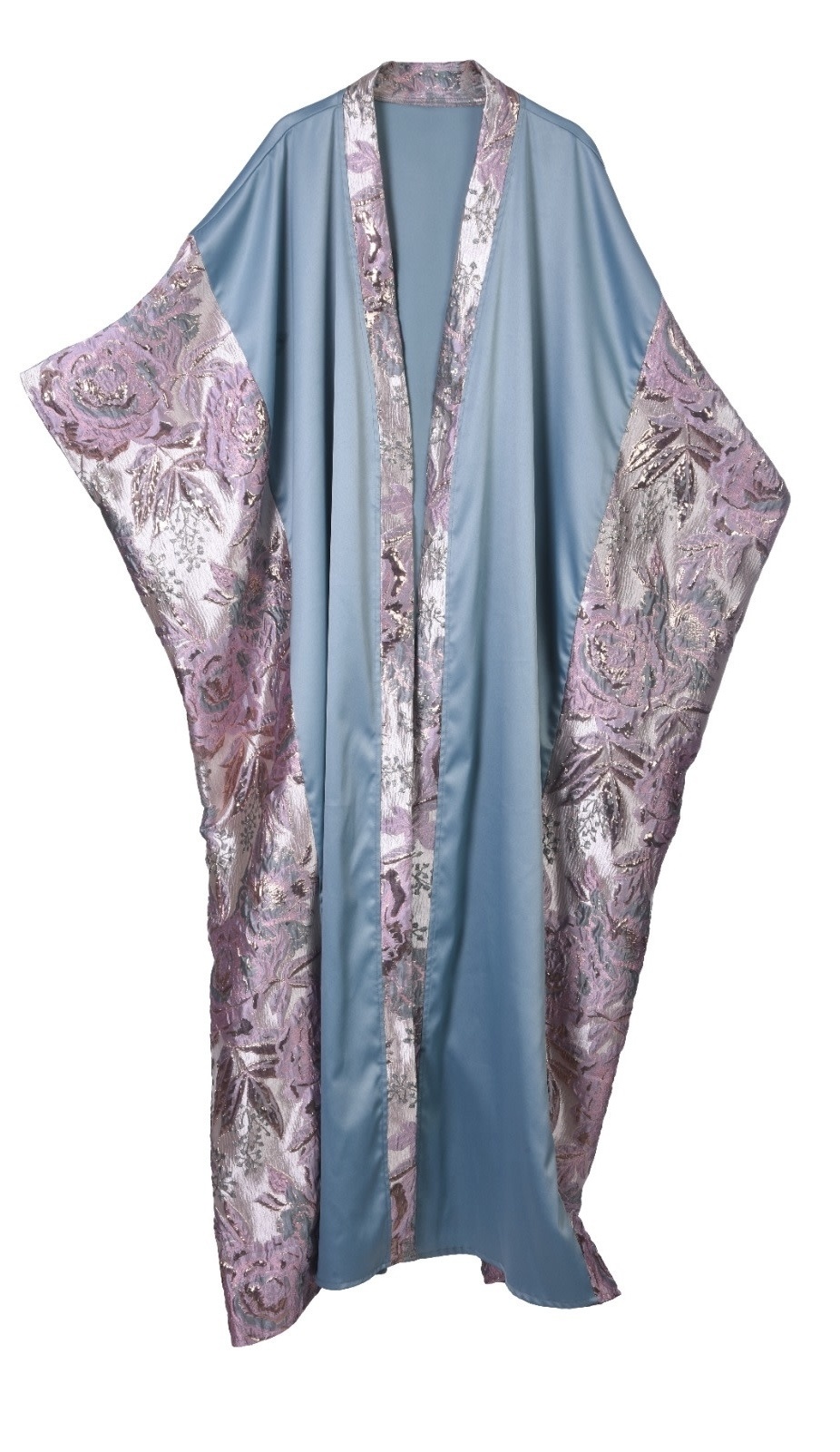 FADIA MASHAAL Satin Blue Bisht with Floral Lilac Sleeves