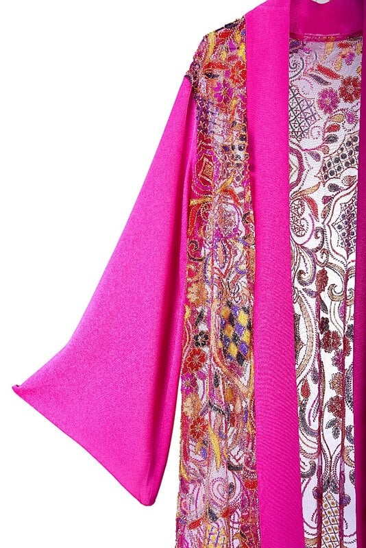 FADIA MASHAAL Bright Pink Silk Embellished Abaya with Belt