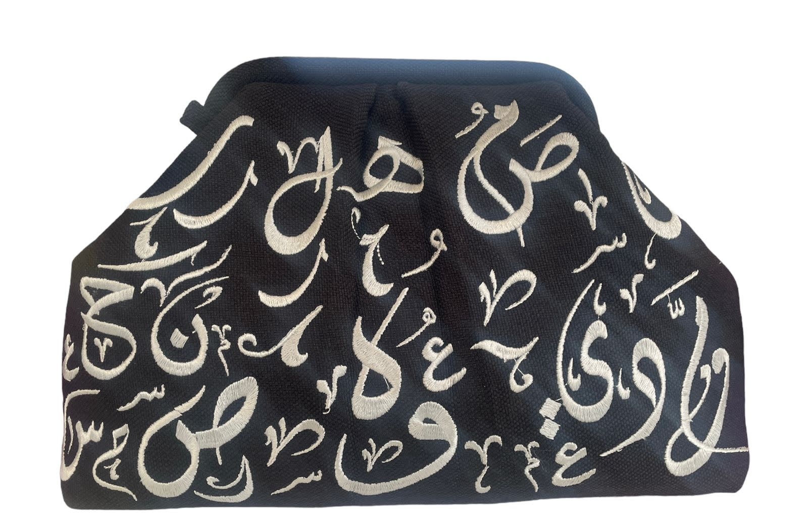 CITY & SEA Silver Embroidered Calligraphy Black Clutch