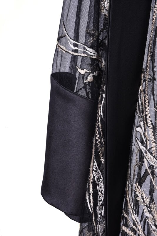 FADIA MASHAAL Black Abaya with Mesh Design and Silver Details