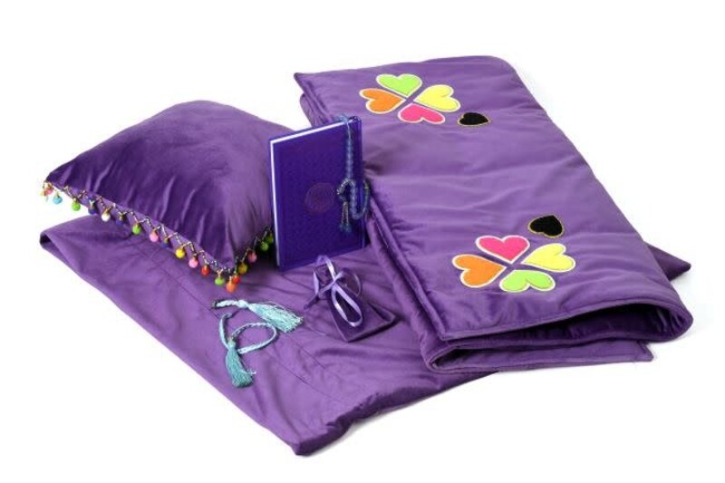 ROCKNRULA Purple Velvet Embroidered Prayer Set (Quran, masbaha, padded mat & pillow)