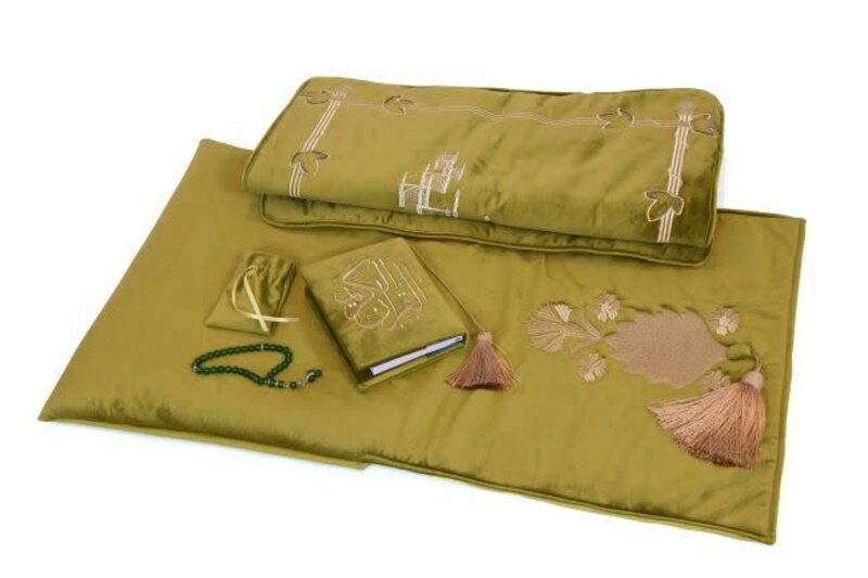 ROCKNRULA Pistachio green Velvet Embroidered Prayer Set (Quran, masbaha, padded mat )