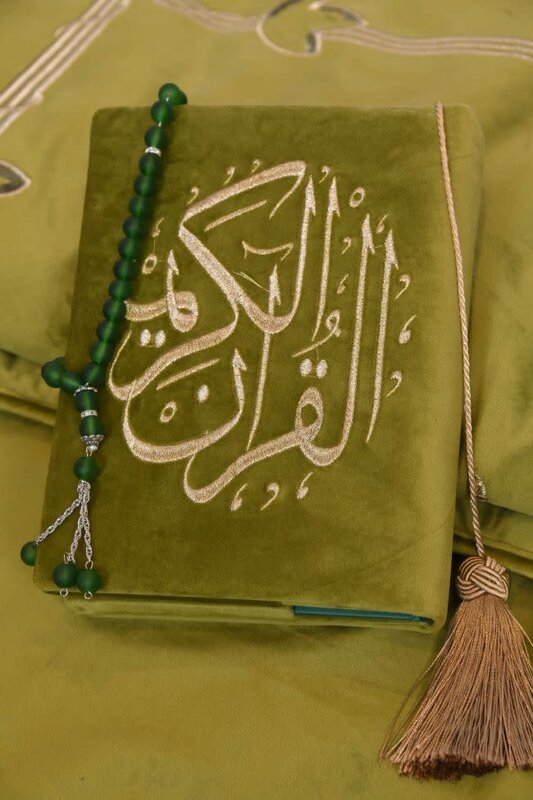 ROCKNRULA Pistachio green Velvet Embroidered Prayer Set (Quran, masbaha, padded mat )