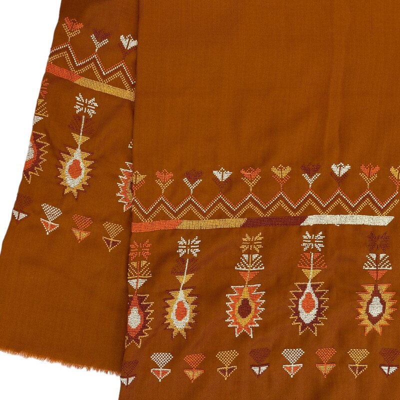 MANSU EMBROIDERY Brick Orange Shawl with cross stitch embroidery