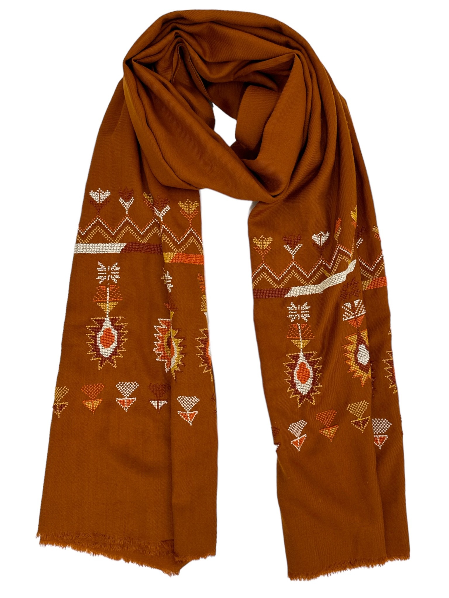 MANSU EMBROIDERY Brick Orange Shawl with cross stitch embroidery