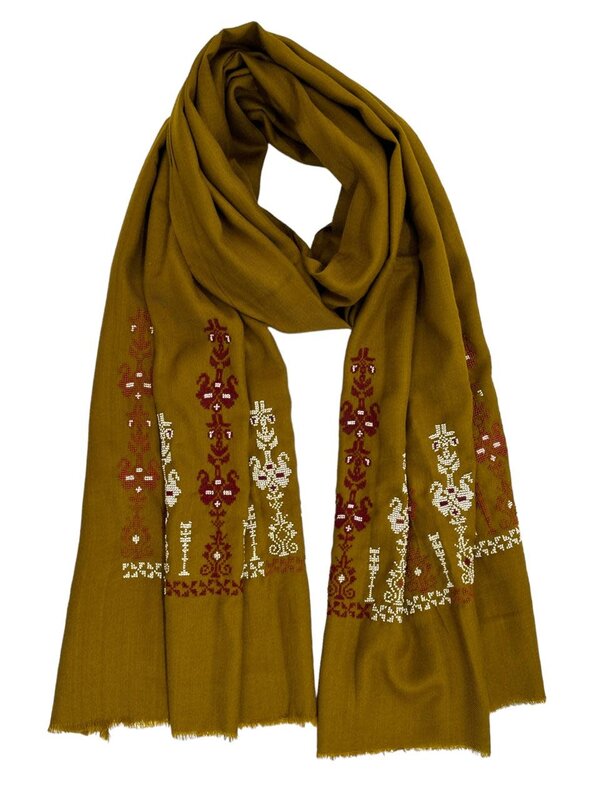 MANSU EMBROIDERY Mustard Shawl with cross stitch embroidery