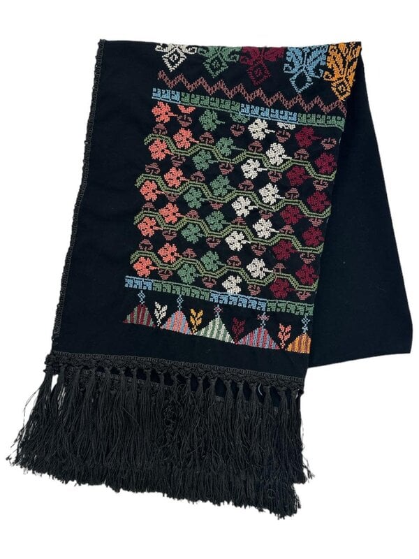 MANSU EMBROIDERY Black shawl with tassels and rainbow cross stitch embroidery