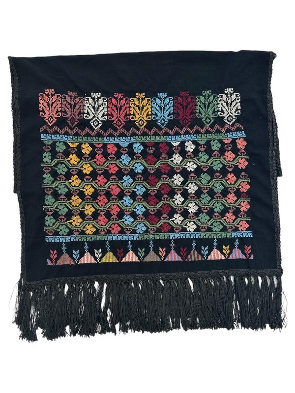 MANSU EMBROIDERY Black shawl with tassels and rainbow cross stitch embroidery