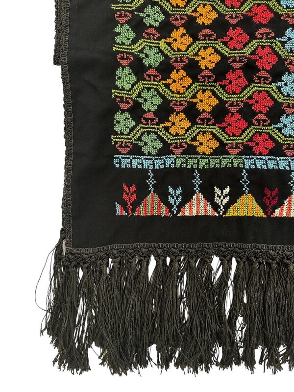 MANSU EMBROIDERY Black shawl with tassels and rainbow cross stitch embroidery