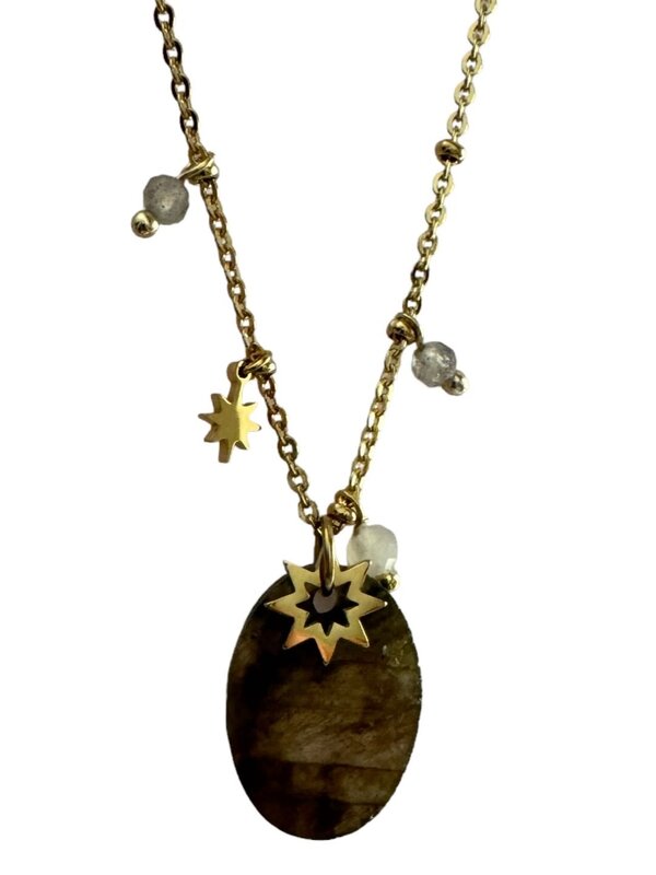 FEATHERLIGHT Gold charm necklace with brown stone pendant