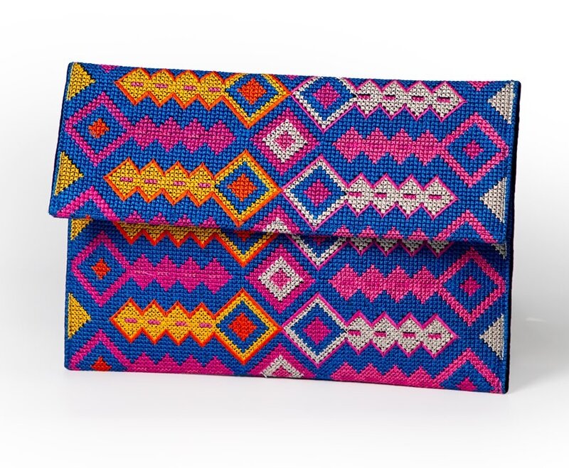 SOUK BALADNA Blue Cross-Stitched Colorful Pouches