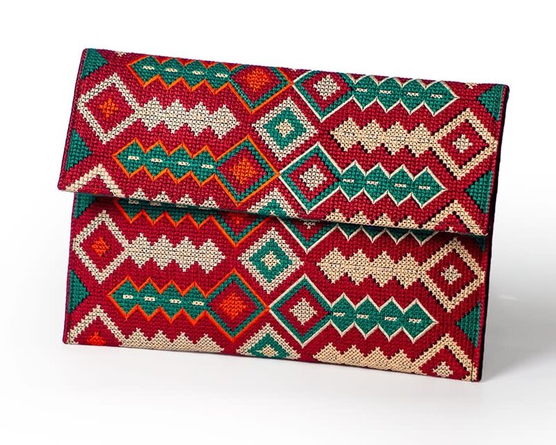 SOUK BALADNA Red Cross-Stitched Colorful Clutch