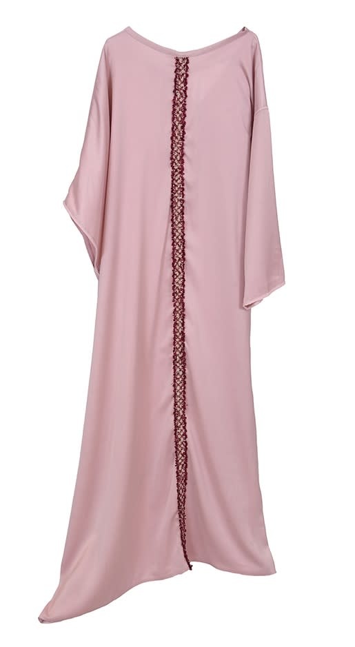 QOUTBA Pink Satin Kaftan with hand embroidered trim