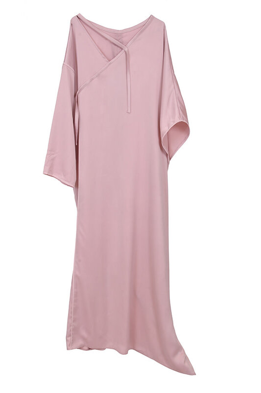 QOUTBA Pink Satin Kaftan with hand embroidered trim