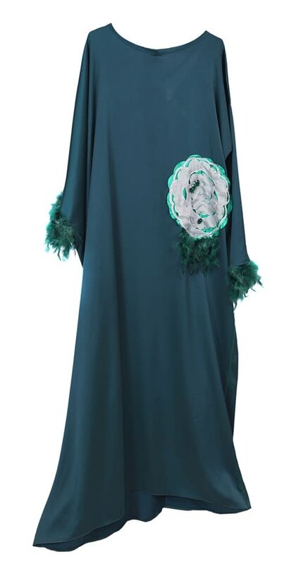 QOUTBA Emerald Green Satin Kaftan with rhinestones & feather details