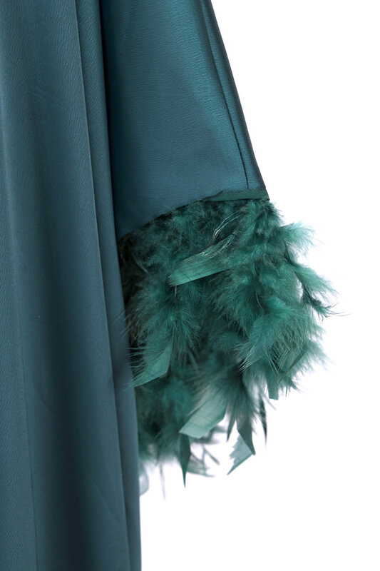 QOUTBA Emerald Green Satin Kaftan with rhinestones & feather details