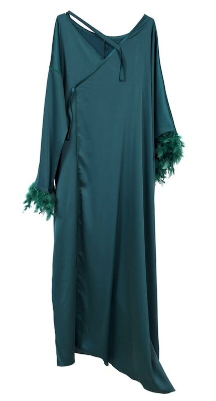 QOUTBA Emerald Green Satin Kaftan with rhinestones & feather details