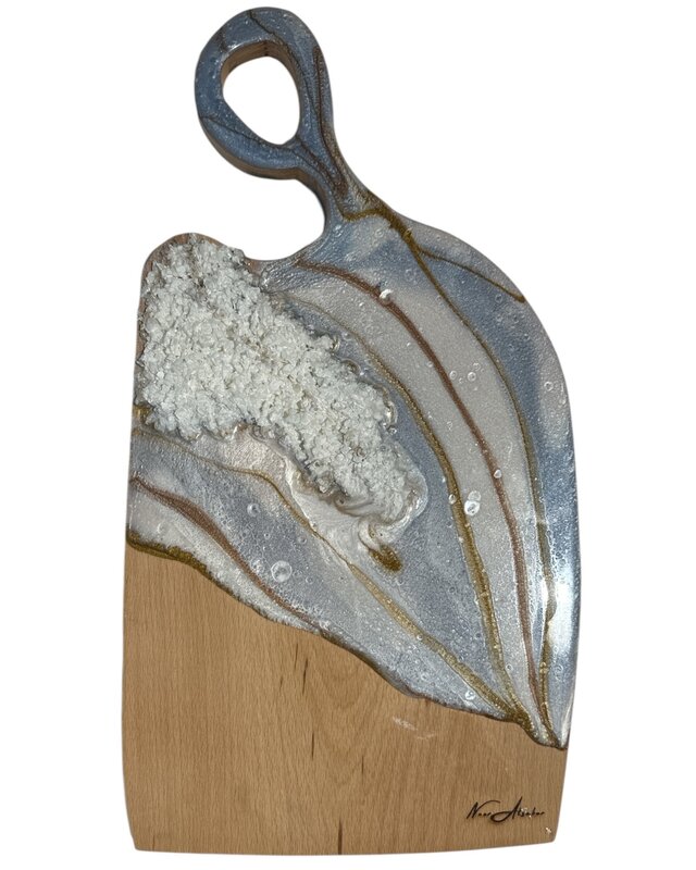 NOOR ALSABER ART Metallic blue, white & gold resin with crystals on wooden Cheese board