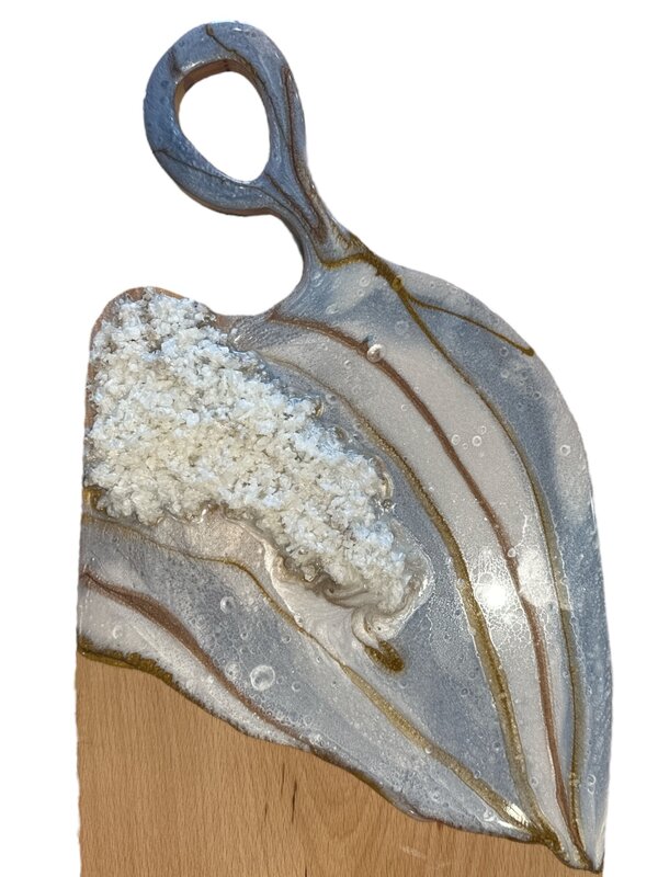 NOOR ALSABER ART Metallic blue, white & gold resin with crystals on wooden Cheese board