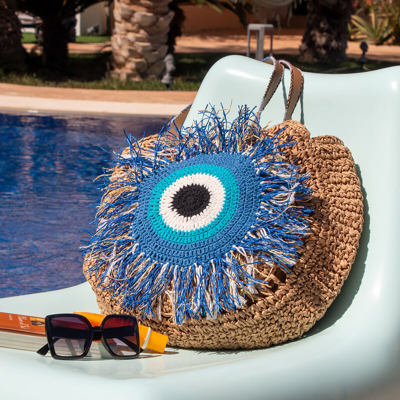 SOUK BALADNA Straw beach bag with handmade crochet evil eye