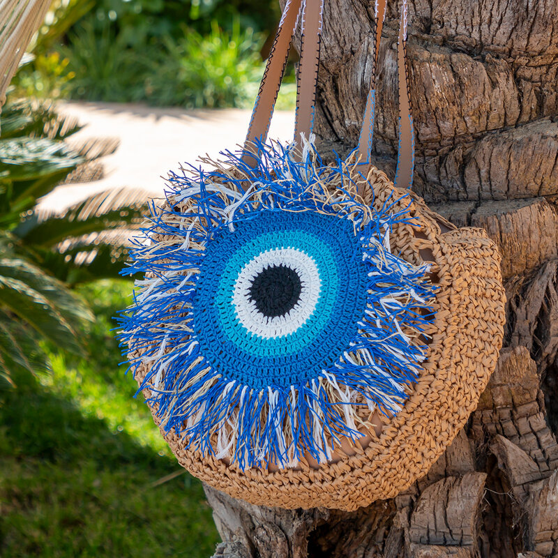 SOUK BALADNA Straw beach bag with handmade crochet evil eye