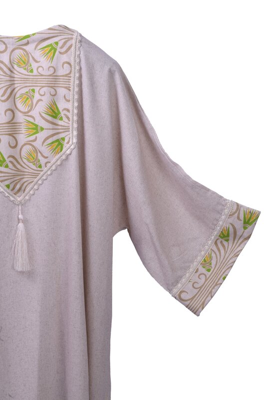 ALKUTBIA Beige Linen Kimono with Green and Gold Details