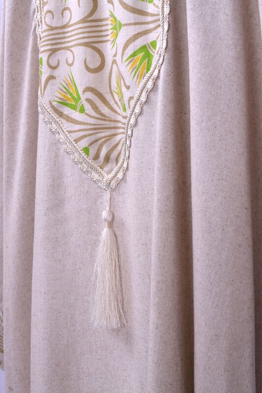 ALKUTBIA Beige Linen Kimono with Green and Gold Details