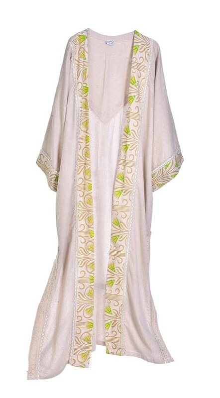 ALKUTBIA Beige Linen Kimono with Green and Gold Details