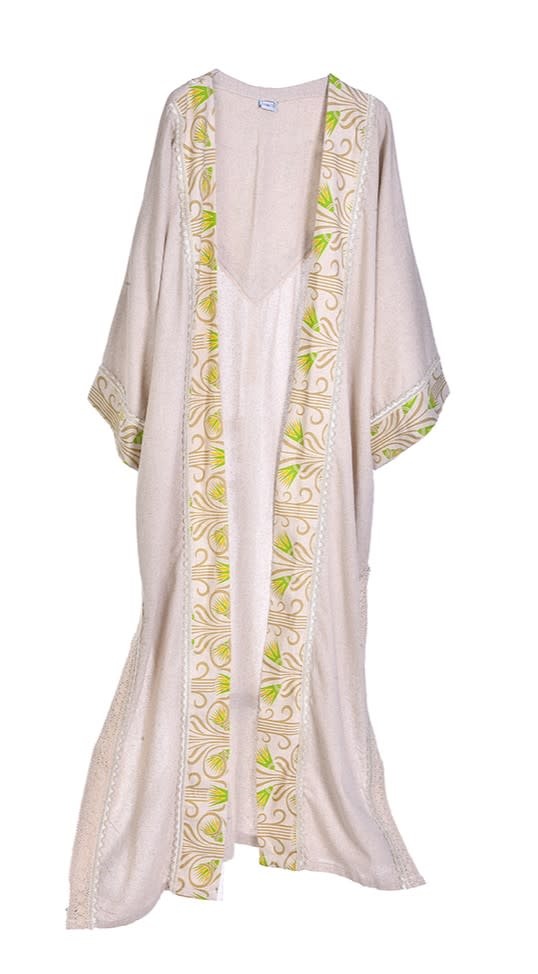 ALKUTBIA Beige Linen Kimono with Green and Gold Details