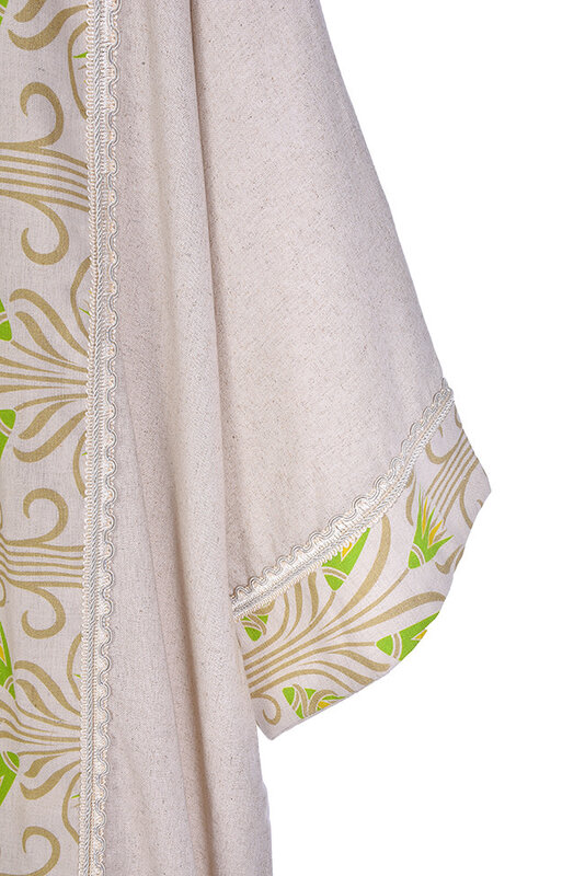 ALKUTBIA Beige Linen Kimono with Green and Gold Details